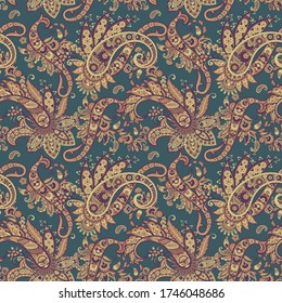 Paisley vector seamless pattern. Fantastic flower, leaves. Textile bohemian print. Batik painting. Vintage
