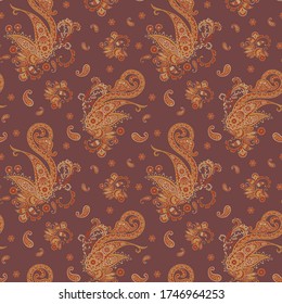 Paisley vector seamless pattern. Fantastic flower, leaves. Textile bohemian print. Batik painting. Vintage