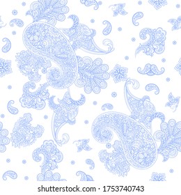Paisley vector seamless pattern. Fantastic flower, leaves. Textile bohemian print. Batik painting. Vintage