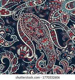 Patrón transparente vectorial paisley. Flor fantástica, hojas. Impresión bohemia textil. Pintura de batik. Vintage