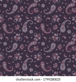 Paisley vector seamless pattern. Fantastic flower, leaves. Batik style painting. Vintage background