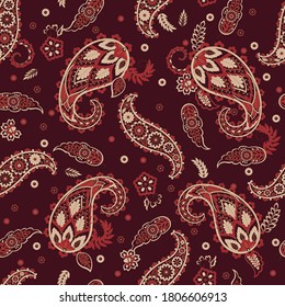 Paisley Vektor nahtloses Muster. Fantastische Blume, Blätter. Textiler Böhmischer Druck. Batik-Malerei. Vintage