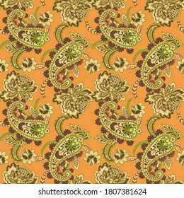 Patrón transparente vectorial paisley. Flor fantástica, hojas. Pintura estilo batik. Fondo de cosecha