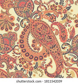 Paisley vector seamless pattern. Fantastic flower, leaves. Batik style painting. Vintage background