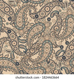 Paisley vector seamless pattern. Fantastic flower, leaves. Batik style painting. Vintage background