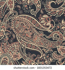 Patrón transparente vectorial paisley. Flor fantástica, hojas. Impresión bohemia textil. Pintura de batik. Vintage