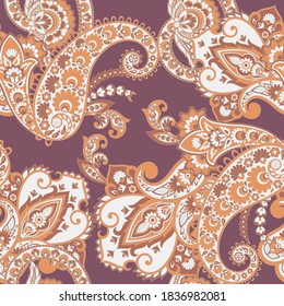 Paisley vector seamless pattern. Fantastic flower, leaves. Batik style painting. Vintage background