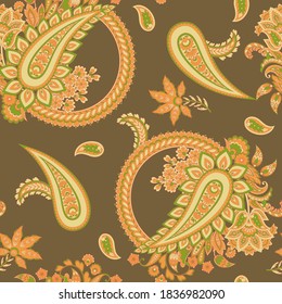 Paisley vector seamless pattern. Fantastic flower, leaves. Textile bohemian print. Batik painting. Vintage