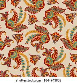 Patrón transparente vectorial paisley. Flor fantástica, hojas. Impresión bohemia textil. Pintura de batik. Vintage