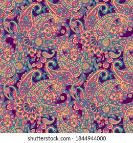 Paisley vector seamless pattern. Fantastic flower, leaves. Textile bohemian print. Batik painting. Vintage