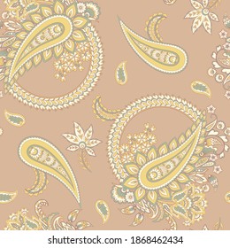 Paisley vector seamless pattern. Fantastic flower, leaves. Textile bohemian print. Batik painting. Vintage