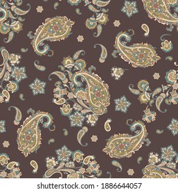 Paisley vector seamless pattern. Fantastic flower, leaves. Batik style painting. Vintage background