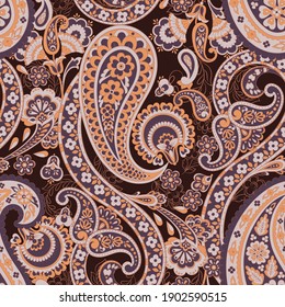 Paisley Vector Seamless Pattern. Fantastic Flower, Leaves. Textile Bohemian Print. Batik Painting. Vintage