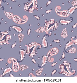 Paisley vector seamless pattern. Fantastic flower, leaves. Batik style painting. Vintage background