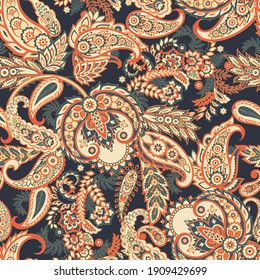 Paisley vector seamless pattern. Fantastic flower, leaves. Batik style painting. Vintage background