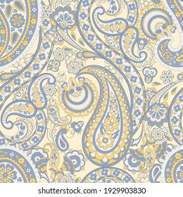 Paisley vector seamless pattern. Fantastic flower, leaves. Textile bohemian print. Batik painting. Vintage