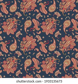 Paisley vector seamless pattern. Fantastic flower, leaves. Textile bohemian print. Batik painting. Vintage