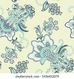 Paisley vector seamless pattern. Fantastic flower, leaves. Textile bohemian print. Batik painting. Vintage