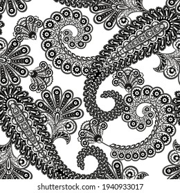 Patrón transparente vectorial paisley. Flor fantástica, hojas. Impresión bohemia textil. Pintura de batik. Vintage