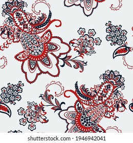 Paisley vector seamless pattern. Fantastic flower, leaves. Textile bohemian print. Batik painting. Vintage