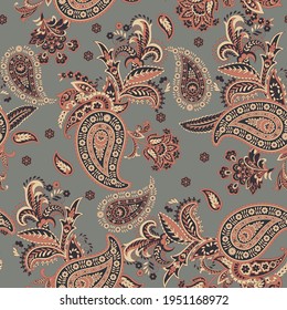 Paisley vector seamless pattern. Fantastic flower, leaves. Batik style painting. Vintage background