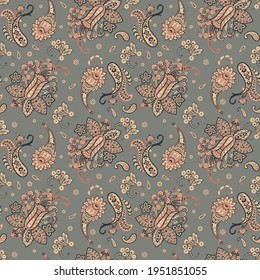 Paisley vector seamless pattern. Fantastic flower, leaves. Textile bohemian print. Batik painting. Vintage