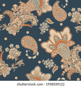 Paisley vector seamless pattern. Fantastic flower, leaves. Batik style painting. Vintage background