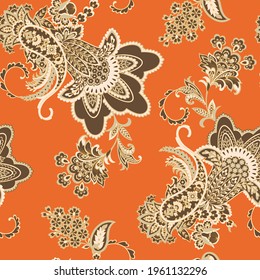 Paisley vector seamless pattern. Fantastic flower, leaves. Textile bohemian print. Batik painting. Vintage