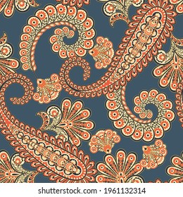 Paisley vector seamless pattern. Fantastic flower, leaves. Textile bohemian print. Batik painting. Vintage