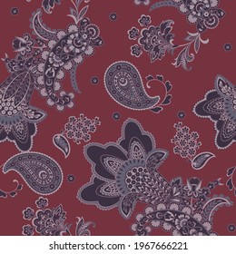 Patrón transparente vectorial paisley. Flor fantástica, hojas. Pintura estilo batik. Fondo de cosecha