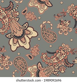 Paisley vector seamless pattern. Fantastic flower, leaves. Batik style painting. Vintage background
