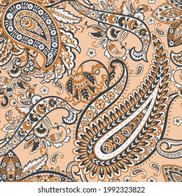 Patrón transparente vectorial paisley. Flor fantástica, hojas. Impresión bohemia textil. Pintura de batik. Vintage