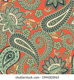 Paisley vector seamless pattern. Fantastic flower, leaves. Batik style painting. Vintage background
