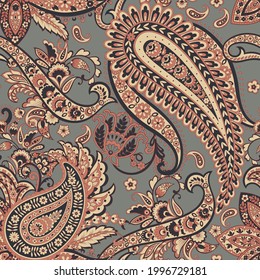Patrón transparente vectorial paisley. Flor fantástica, hojas. Impresión bohemia textil. Pintura de batik. Vintage