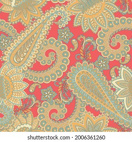 Paisley vector seamless pattern. Fantastic flower, leaves. Textile bohemian print. Batik painting. Vintage