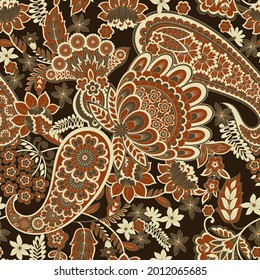 Paisley vector seamless pattern. Fantastic flower, leaves. Textile bohemian print. Batik painting. Vintage