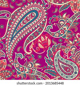 Paisley vector seamless pattern. Fantastic flower, leaves. Textile bohemian print. Batik painting. Vintage