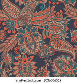 Paisley vector seamless pattern. Fantastic flower, leaves. Batik style painting. Vintage background