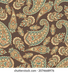 Paisley vector seamless pattern. Fantastic flower, leaves. Textile bohemian print. Batik painting. Vintage