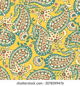 Paisley vector seamless pattern. Fantastic flower, leaves. Batik style painting. Vintage background