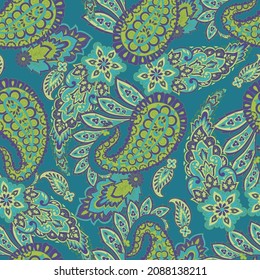 Paisley vector seamless pattern. Fantastic flower, leaves. Batik style painting. Vintage background