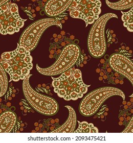 Paisley Vektor nahtloses Muster. Fantastische Blume, Blätter. Textiler Böhmischer Druck. Batik-Malerei. Vintage