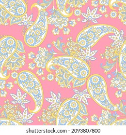 Paisley vector seamless pattern. Fantastic flower, leaves. Textile bohemian print. Batik painting. Vintage