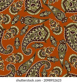 Patrón transparente vectorial paisley. Flor fantástica, hojas. Impresión bohemia textil. Pintura de batik. Vintage