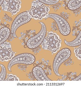 Paisley vector seamless pattern. Fantastic flower, leaves. Textile bohemian print. Batik painting. Vintage
