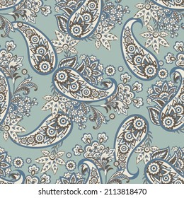 Paisley vector seamless pattern. Fantastic flower, leaves. Textile bohemian print. Batik painting. Vintage