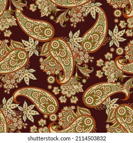 Paisley vector seamless pattern. Fantastic flower, leaves. Textile bohemian print. Batik painting. Vintage