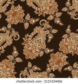 Paisley vector seamless pattern. Fantastic flower, leaves. Batik style painting. Vintage background
