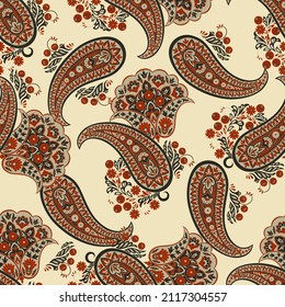 Patrón transparente vectorial paisley. Flor fantástica, hojas. Impresión bohemia textil. Pintura de batik. Vintage