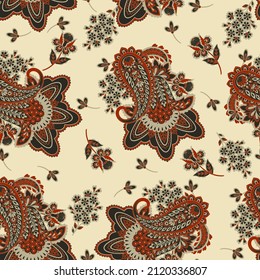 Paisley vector seamless pattern. Fantastic flower, leaves. Textile bohemian print. Batik painting. Vintage